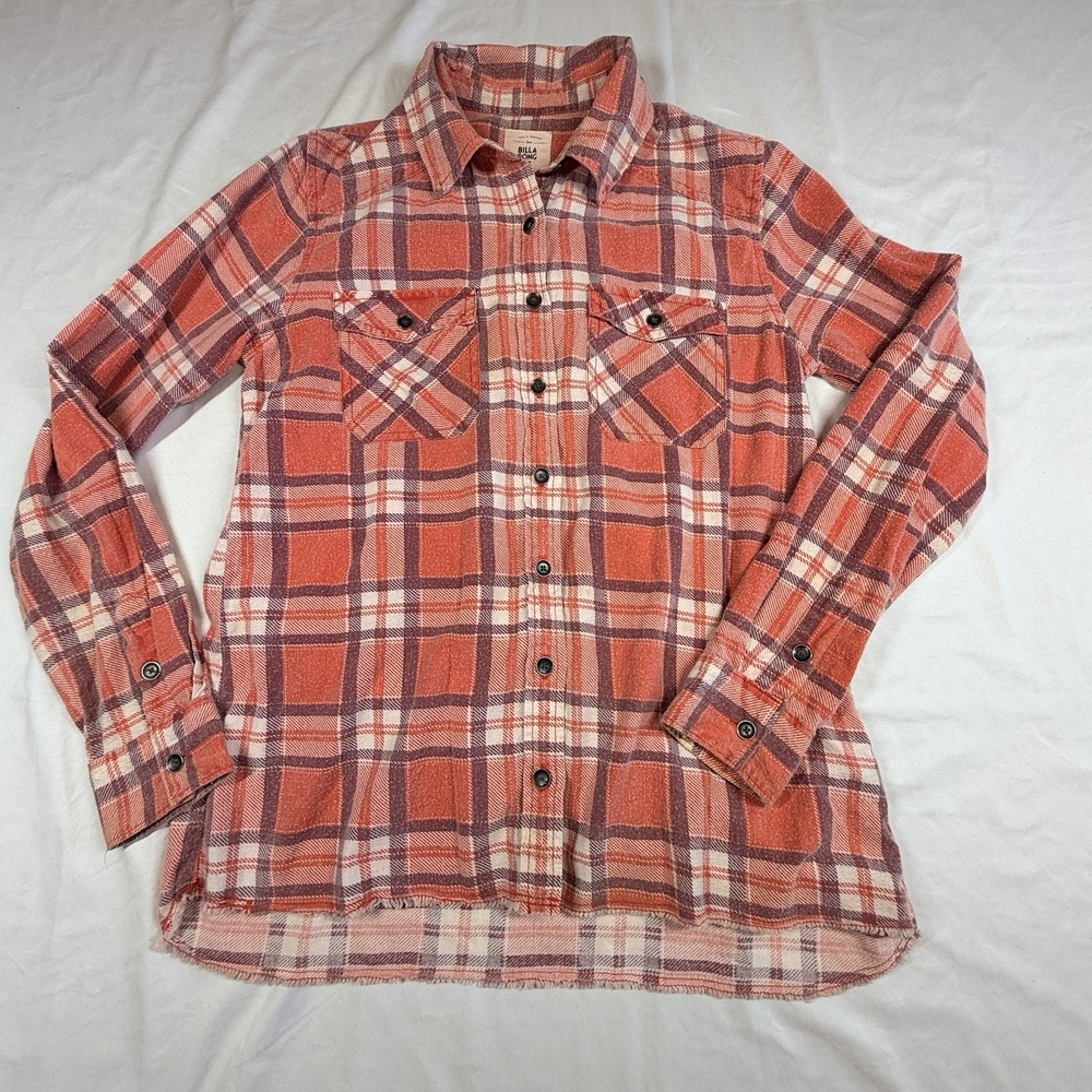Billabong Women's Pink Plaid Shirt Medium Y2K Raw Hem Sun Washed